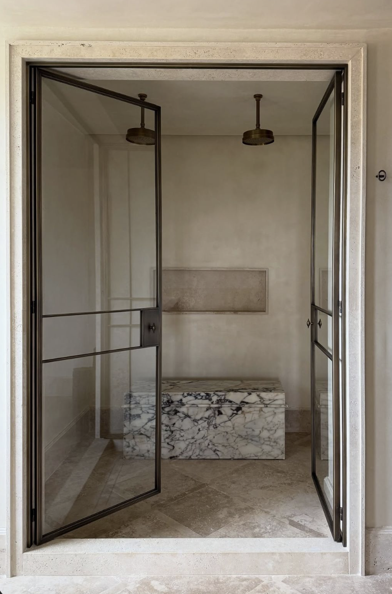 Black-framed glass shower enclosure in a stone bathroom