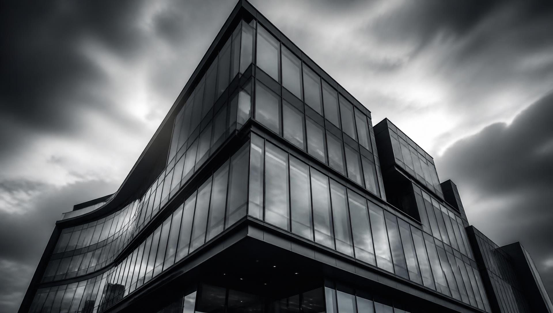 Modern commercial building with dark-framed curtain wall glazing