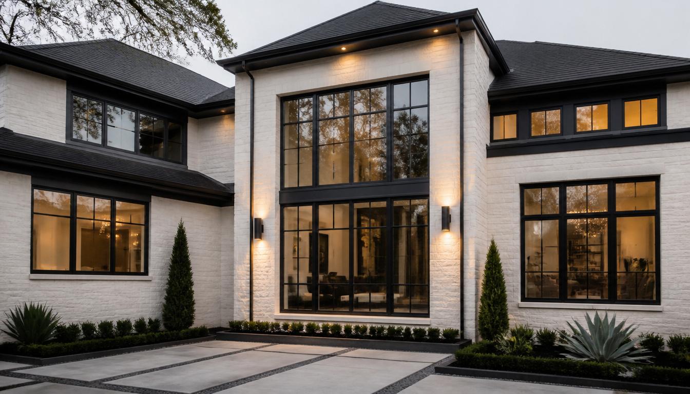 Modern home exterior with dark-framed replacement windows